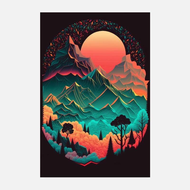 Mountains Minimalism Abstract Forest Animals Retro Trend Poster 8" x 12" (20x30 cm)