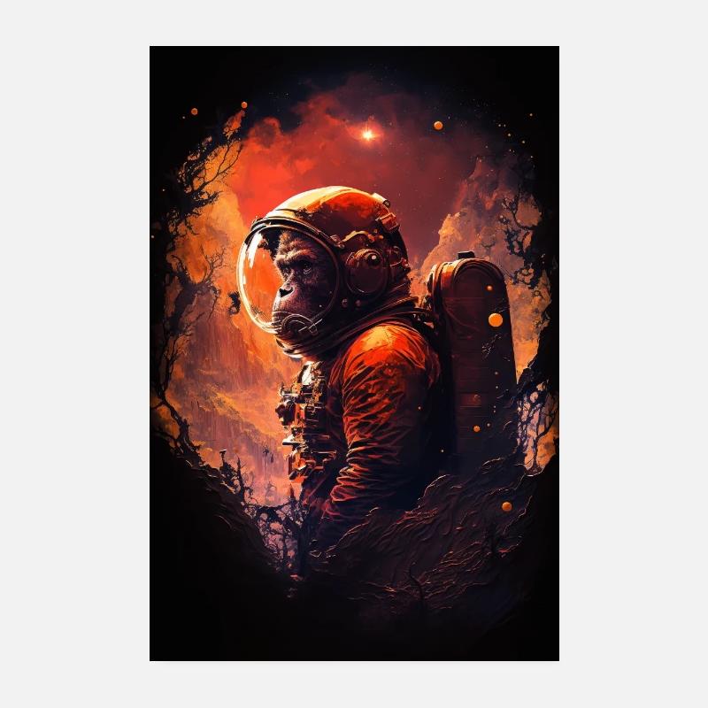 Monkey Astronaut Chimpanzee Space Surreal Moon Poster 8" x 12" (20x30 cm)