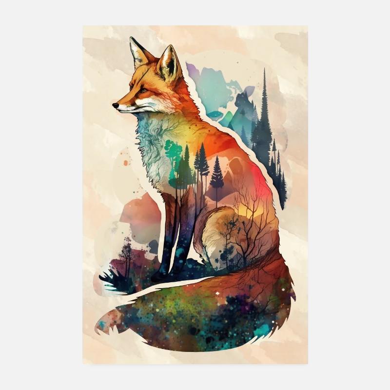 Fox Aquarelle Forêt Faune Dessin de la faune Poster 20 x 30 cm