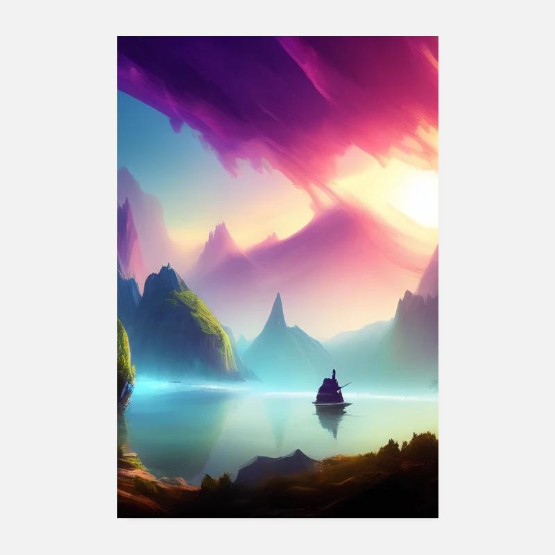 Landschaft mit See, Boot und Berge Poster 20x30 cm