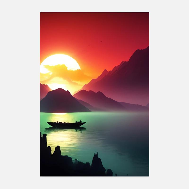 Paysage avec lac, bateau et montagnes Poster 20 x 30 cm