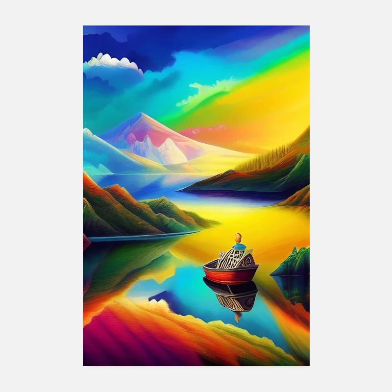 Landschaft mit See, Boot und Berge Poster 20x30 cm