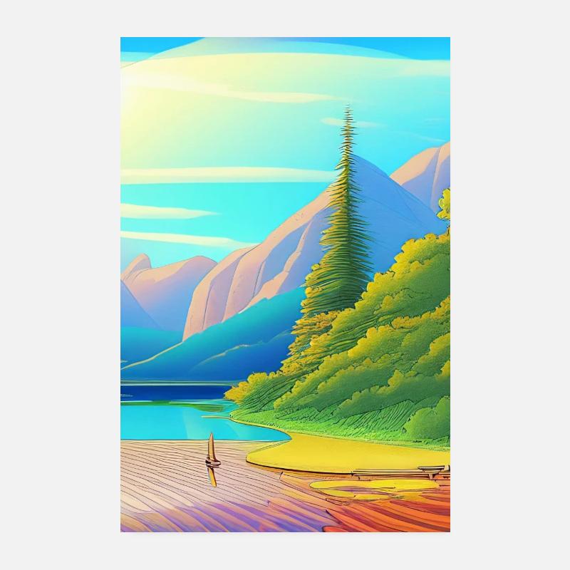 Landschaft mit See, Boot und Berge Poster 20x30 cm