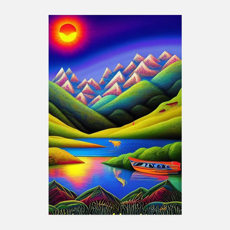 Landschaft mit See, Boot und Berge Poster 20x30 cm