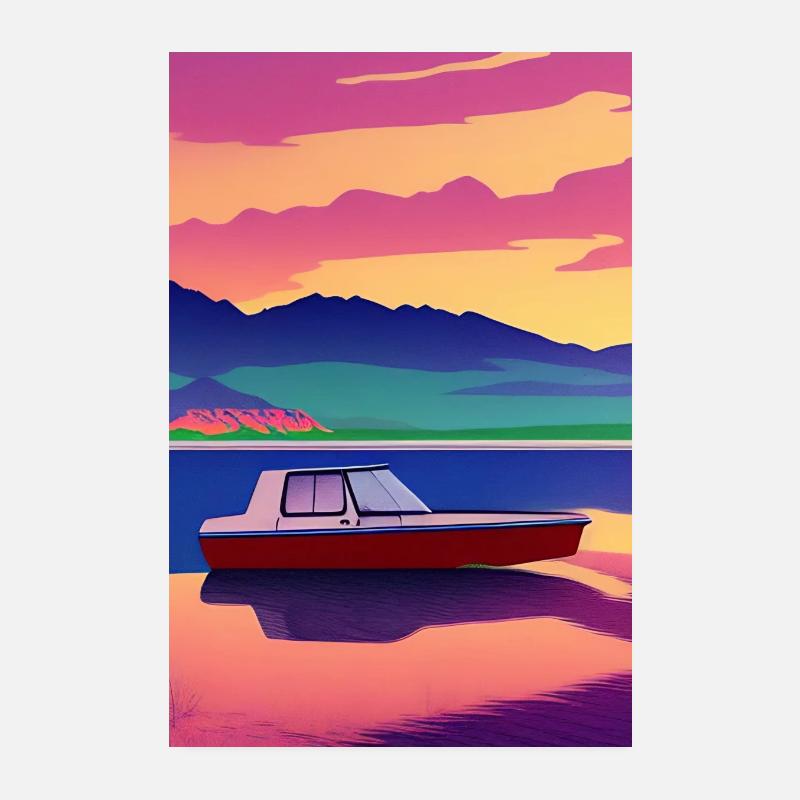 Landschaft mit See, Boot und Berge Poster 20x30 cm