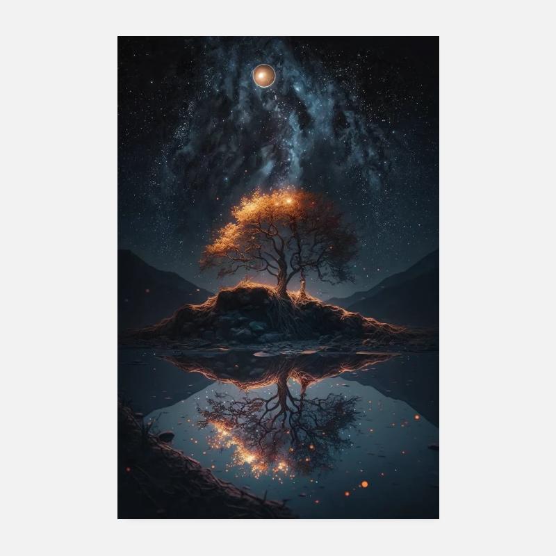 Surreal World Reflection Tree in Lake at Night Poster 8" x 12" (20x30 cm)