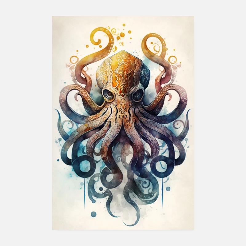 Pieuvre Pieuvre Calmar Aquarelle Océan Mer Poster 20 x 30 cm