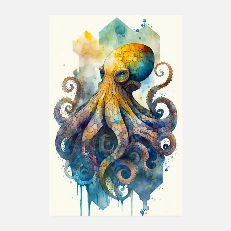 Pieuvre Pieuvre Calmar Aquarelle Océan Mer Poster 20 x 30 cm