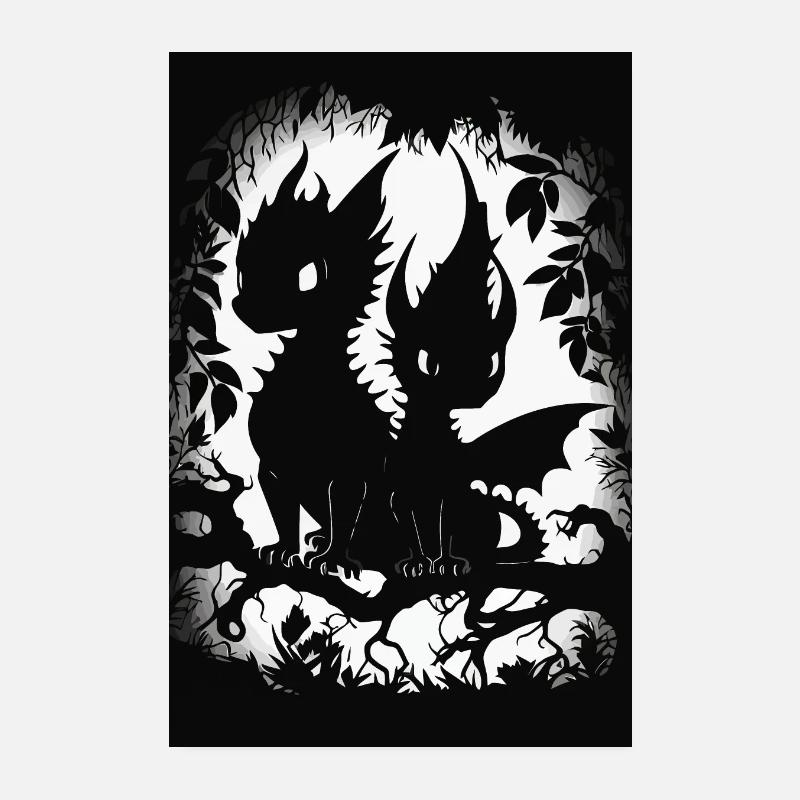 Silhouette de deux petits dragons dans un arbre Poster 20 x 30 cm