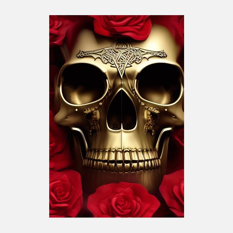 Crâne doré avec des roses Poster 20 x 30 cm