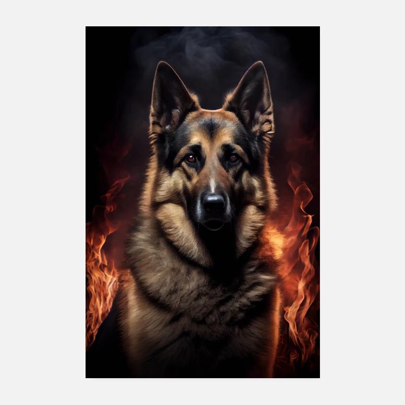 German Shepherd Dog Malinois Dog Fire Poster 8" x 12" (20x30 cm)