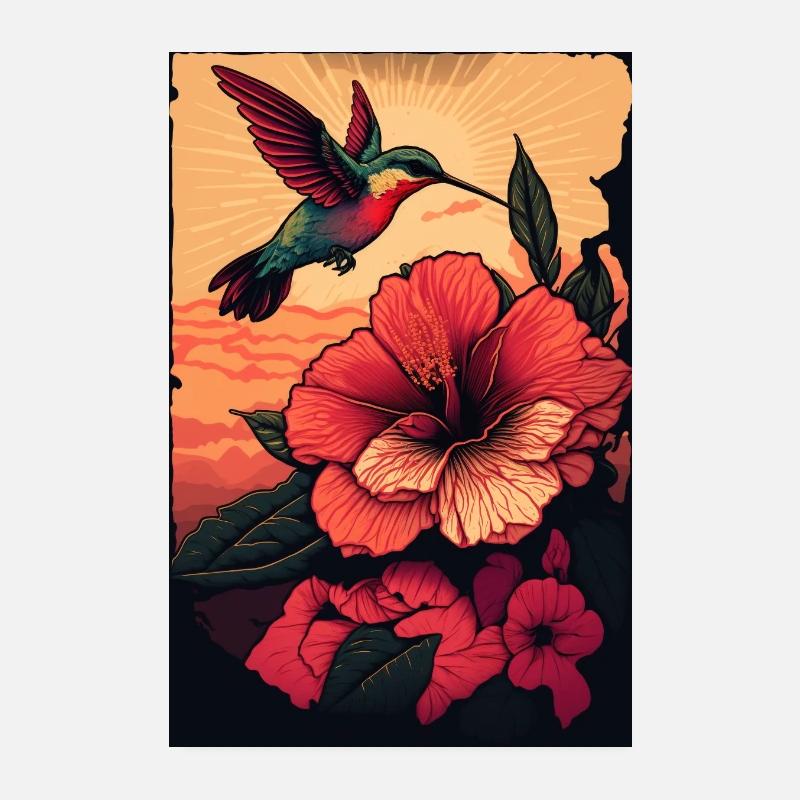 Un colibri vole au-dessus de la fleur d’hibiscus Soleil tropical Poster 20 x 30 cm