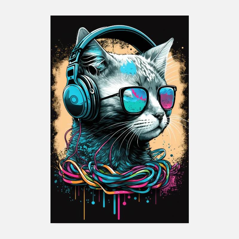Casque Chat Lunettes de soleil rétro Casque Pop Poster 20 x 30 cm