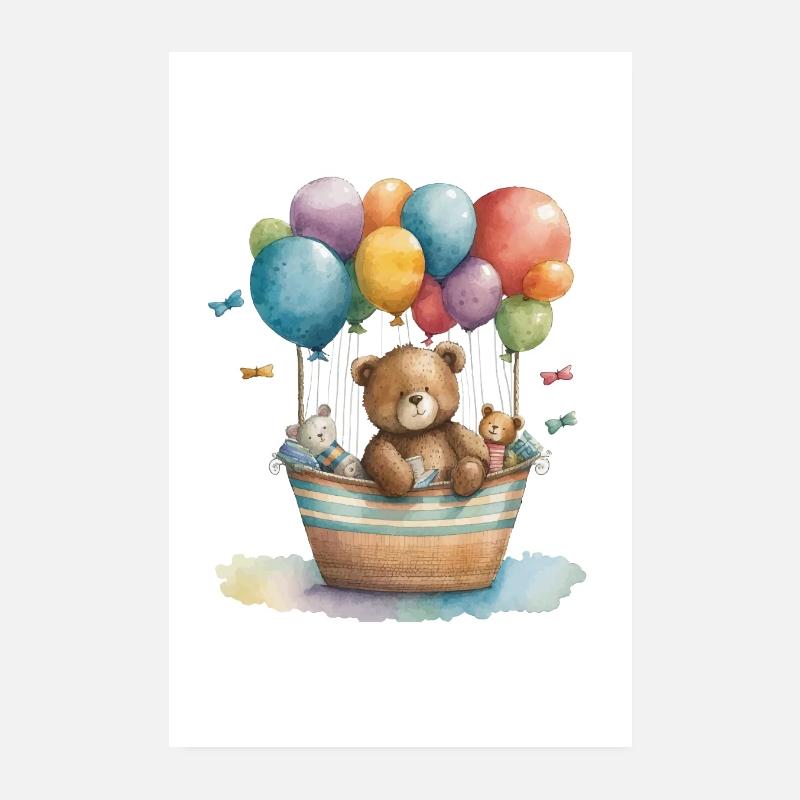 Ours brun avec ballons, Joyeux anniversaire - Poster 20 x 30 cm - blanc