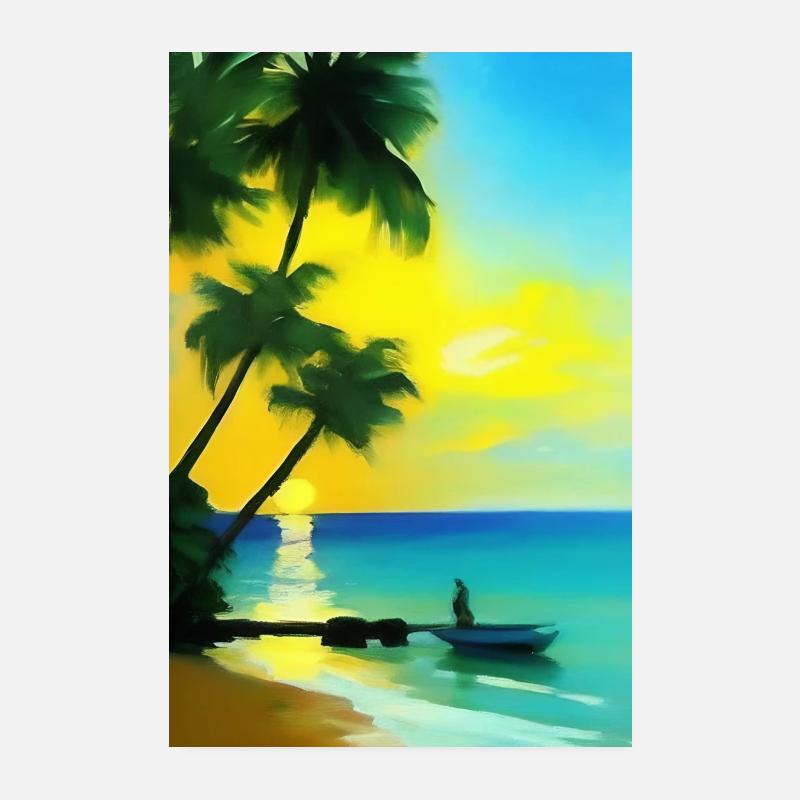 Caribbean Palm Trees Beach Poster 8" x 12" (20x30 cm)