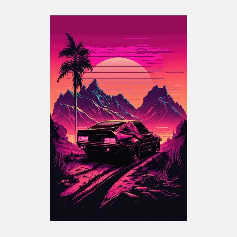 Synthwave Country Car Retro Sun Palms Poster 20 x 30 cm
