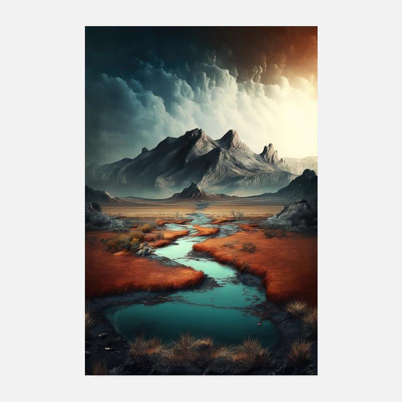 Surrelistic landscape mountains river pond meadows Poster 8" x 12" (20x30 cm)