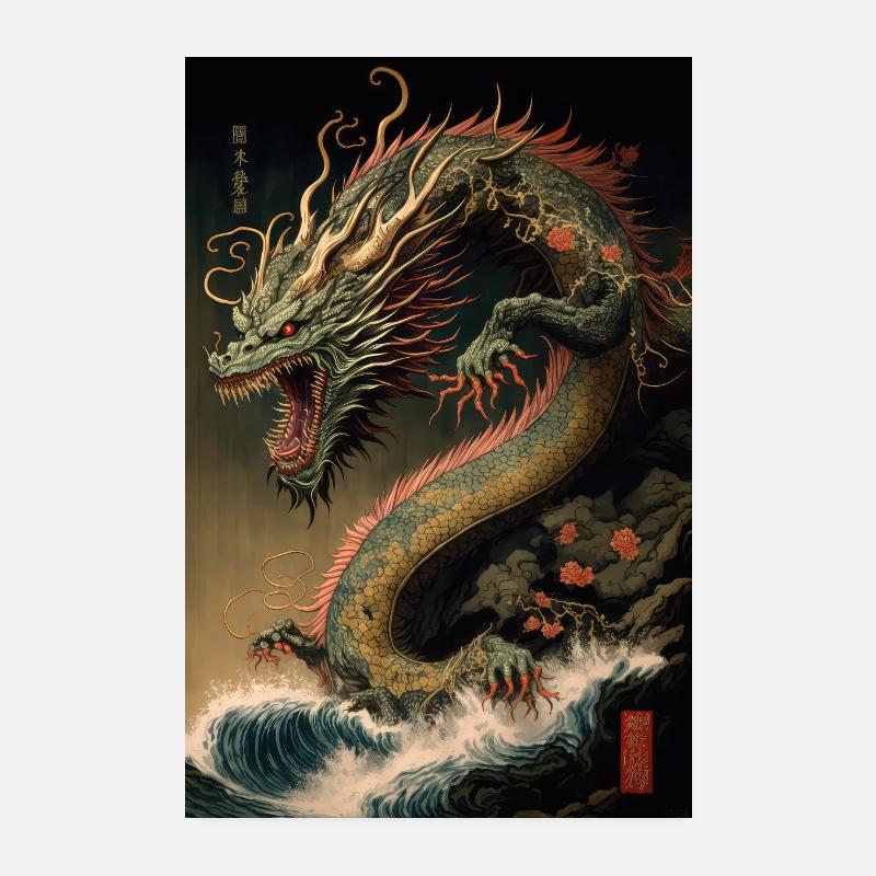 Japanese Dragon Waves Japan Monster Poster 8" x 12" (20x30 cm)