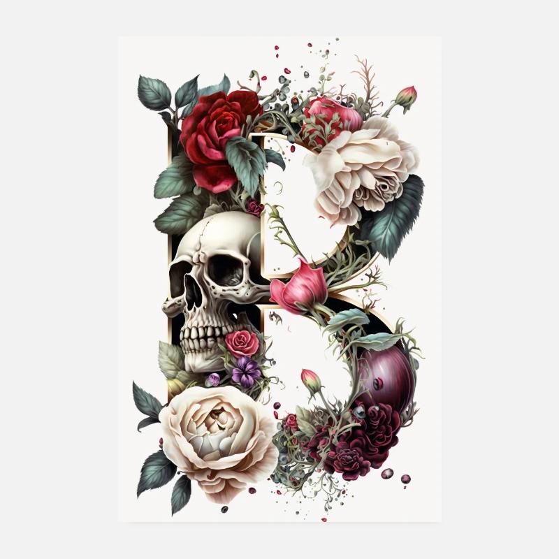 Lettre B Gothique Crâne Fleurs Art Déco Crâne Poster 20 x 30 cm
