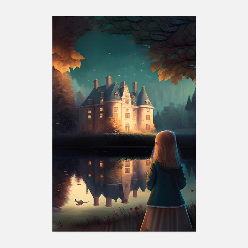 Fille devant le château au bord du lac sous un ciel étoilé Poster 20 x 30 cm