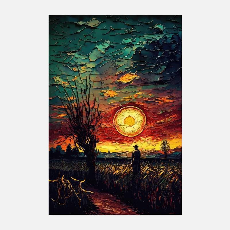 Sunset Landscape Field Paintings Poster 8" x 12" (20x30 cm)