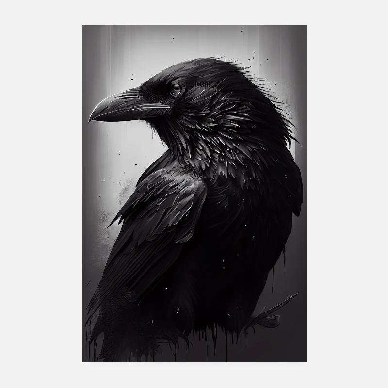 Rabe Raben Krähe Krähen Vogel Tier Portrait - Poster 20x30 cm - Weiß