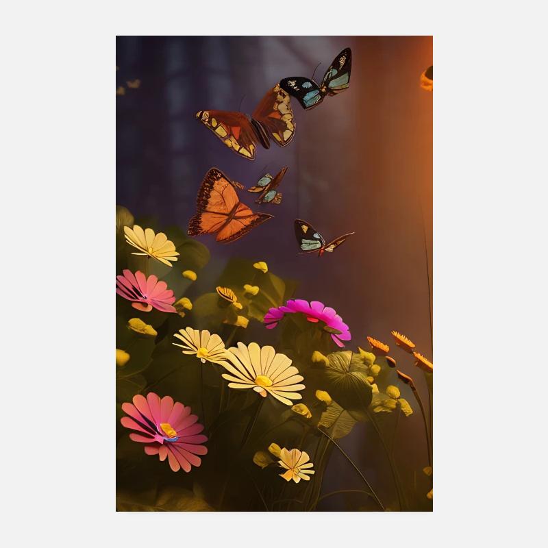 Fleurs et papillon Poster 20 x 30 cm