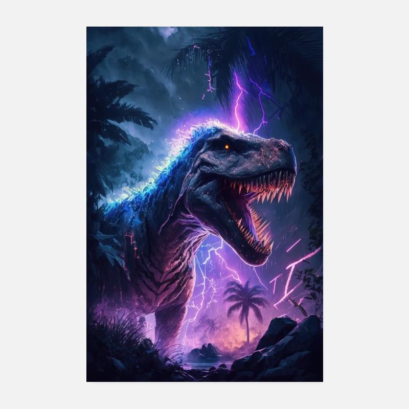 T-Rex Neon Jungle - Poster 20 x 30 cm - blanc