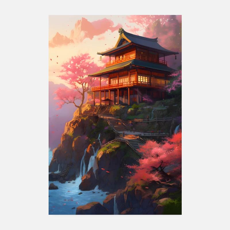 Japanese house with Kish blossom trees on cliff Poster 8" x 12" (20x30 cm)