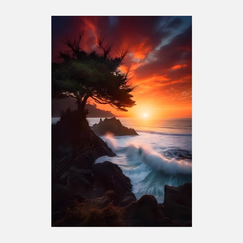 Coucher de soleil Vagues Roches de mer Poster 20 x 30 cm
