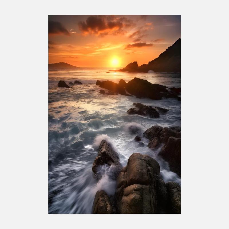 Coucher de soleil Vagues Roches de mer Poster 20 x 30 cm