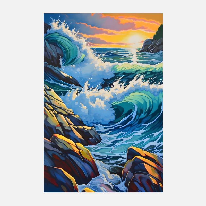 Coucher de soleil Vagues Roches de mer Poster 20 x 30 cm