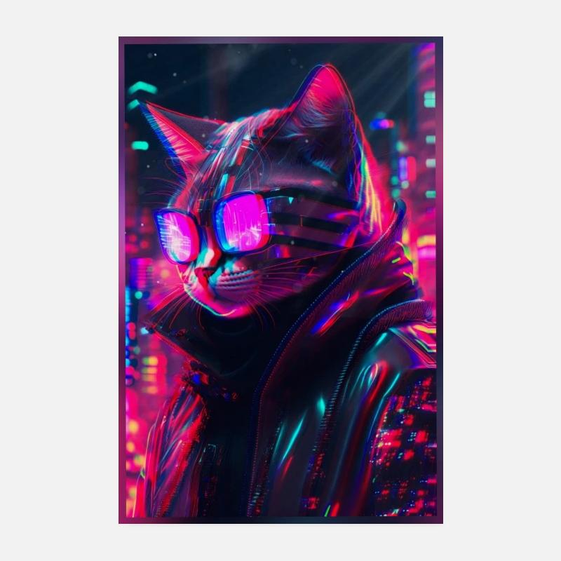 Techno Cat Japon Neon City Art Poster 20 x 30 cm