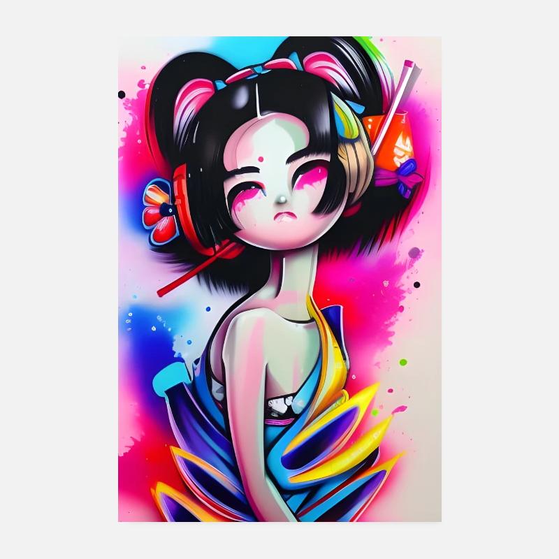 Portrait de graffiti de geisha au néon - Poster 20 x 30 cm - blanc
