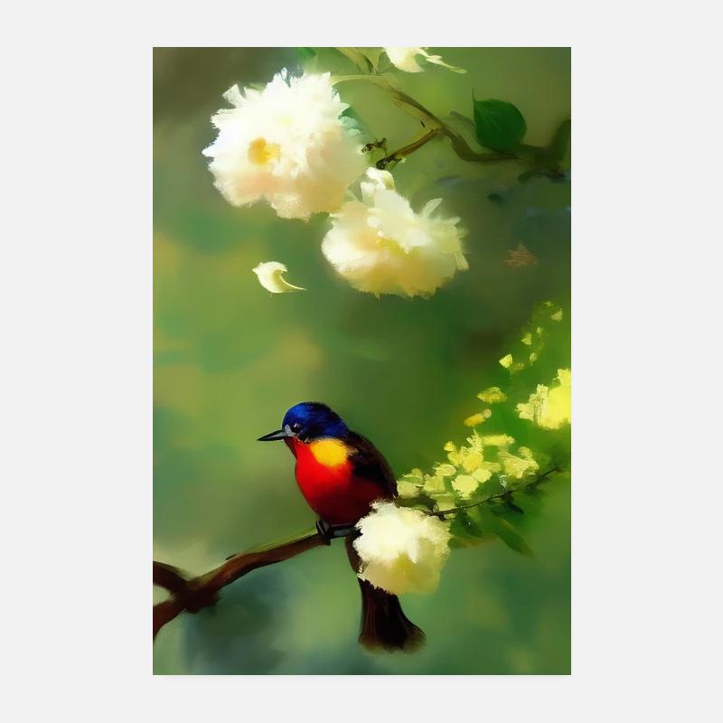 Bird on branch with flower blossoms Poster 8" x 12" (20x30 cm)