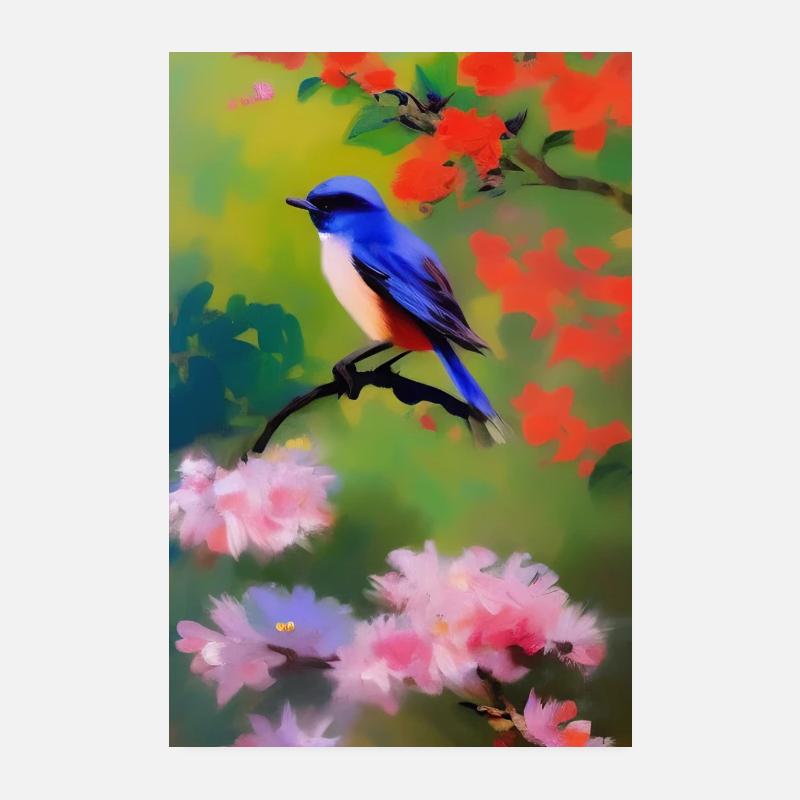 Oiseau sur branche avec fleurs Poster 20 x 30 cm