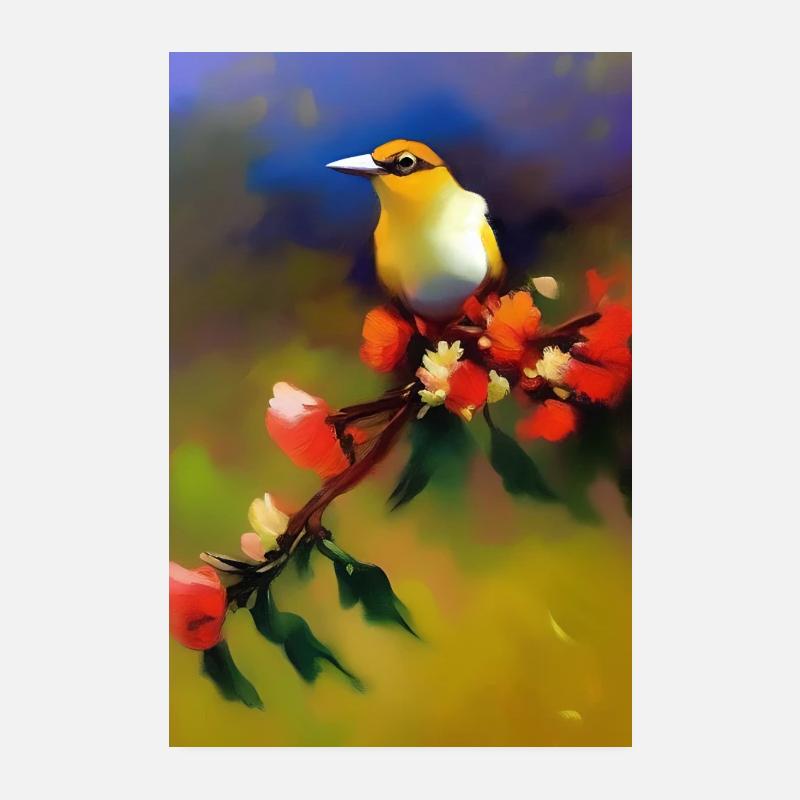Vogel auf Ast mit bunten Blüten Poster 20x30 cm