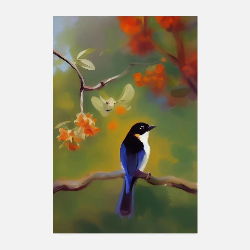 Vogel auf Ast mit bunten Blüten Poster 20x30 cm