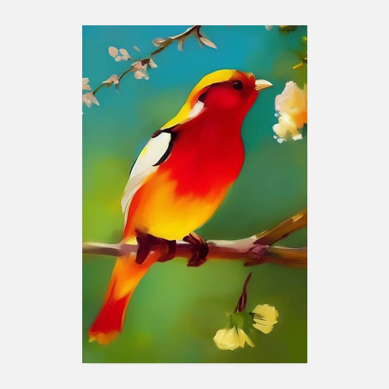 Vogel auf Ast mit bunten Blüten Poster 20x30 cm