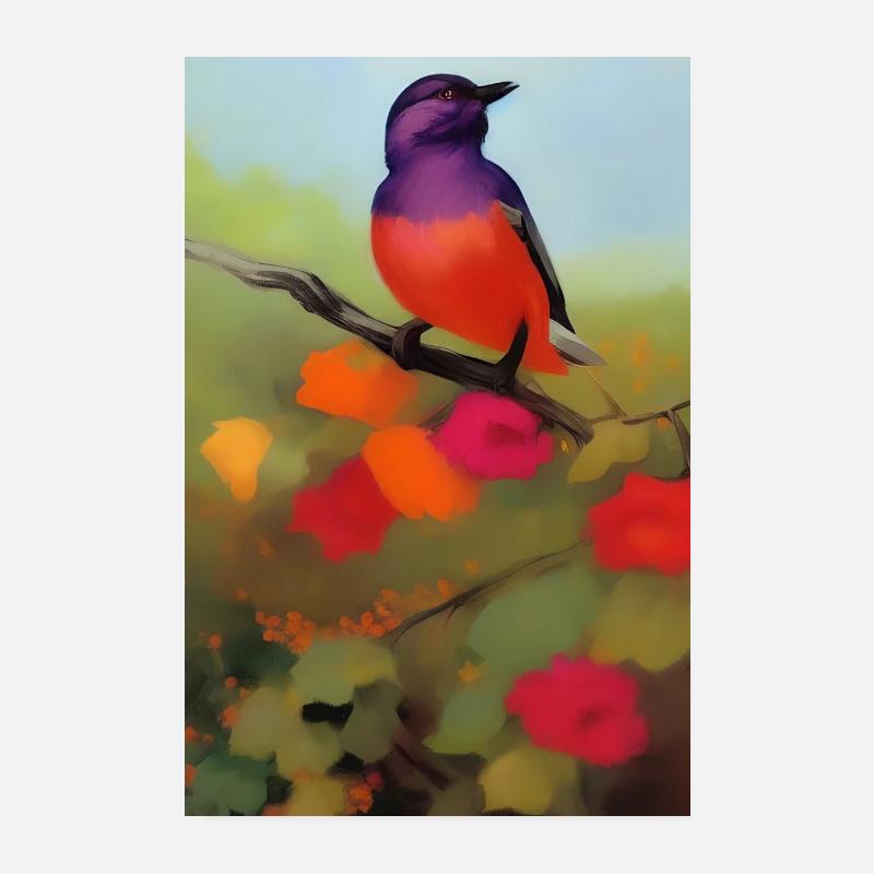 Vogel auf Ast mit bunten Blüten Poster 20x30 cm