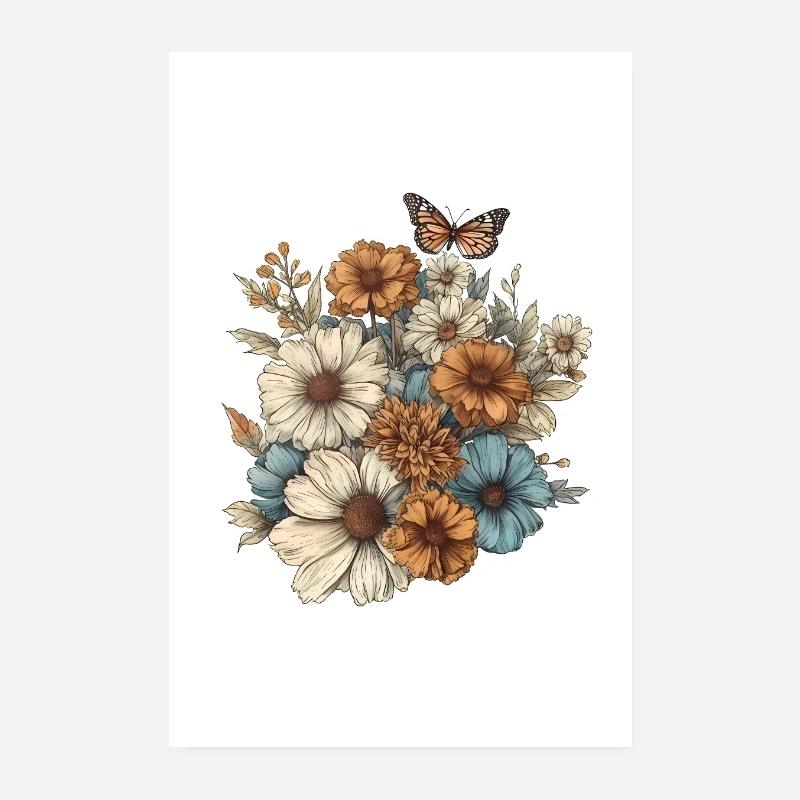 Art floral, Fleur, Fleurs | Papillon, Boho Poster 20 x 30 cm