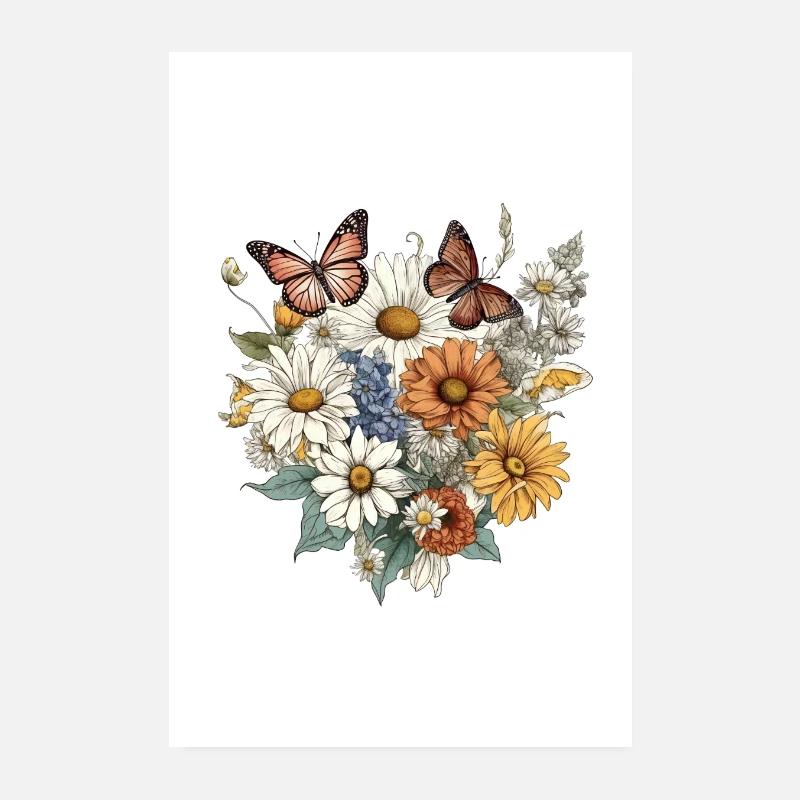 Art floral, Fleur, Fleurs | Papillon, Boho Poster 20 x 30 cm