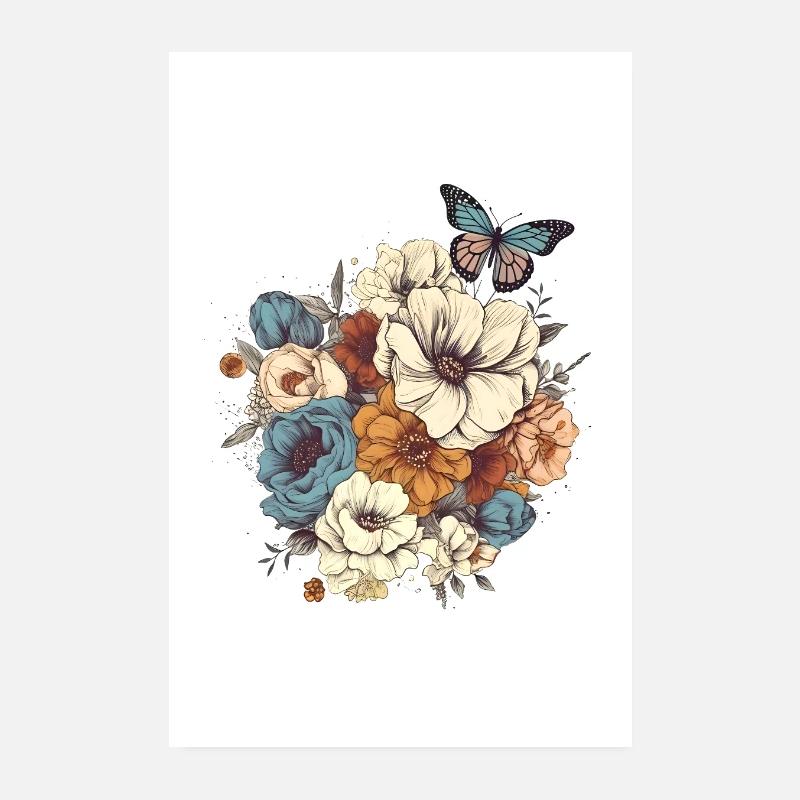 Art floral, Fleur, Fleurs | Papillon, Boho Poster 20 x 30 cm