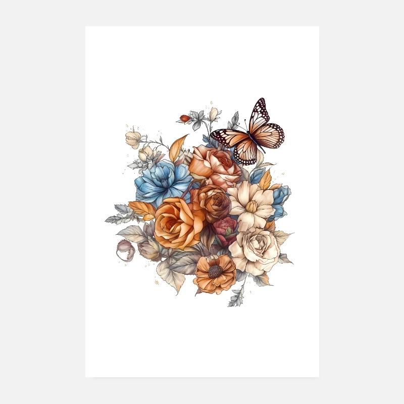 Art floral, Fleur, Fleurs | Papillon, Boho Poster 20 x 30 cm
