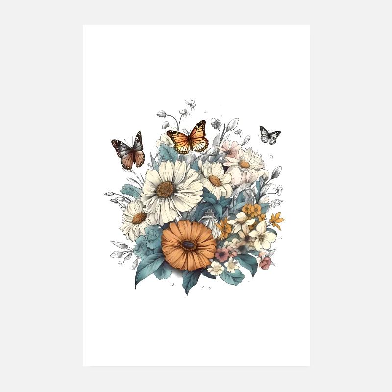 Art floral, Fleur, Fleurs | Papillon, Boho Poster 20 x 30 cm