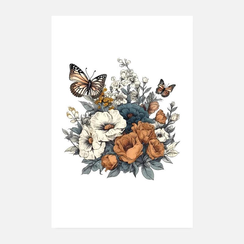 Art floral, Fleur, Fleurs | Papillon, Boho Poster 20 x 30 cm