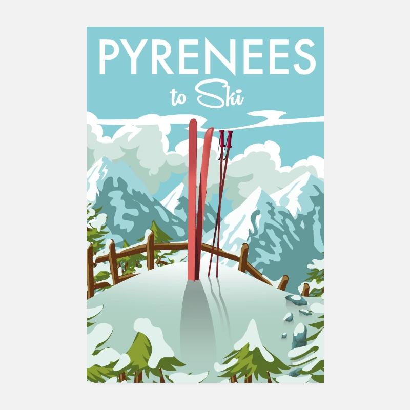 Pyrenäen zum Skifahren schöne Retro- oder Vintage-Karikatur Poster 20x30 cm