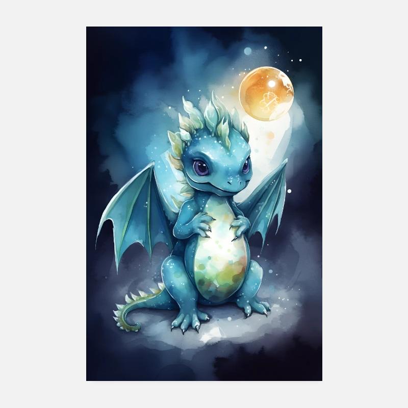 Mignon vert bleu aquarelles dragon Poster 20 x 30 cm
