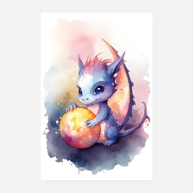 Süßer blauer Wasserfarben Drachen Poster 20x30 cm