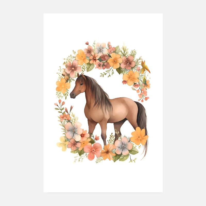 Braunes Pferd mit Blumen Poster 20x30 cm